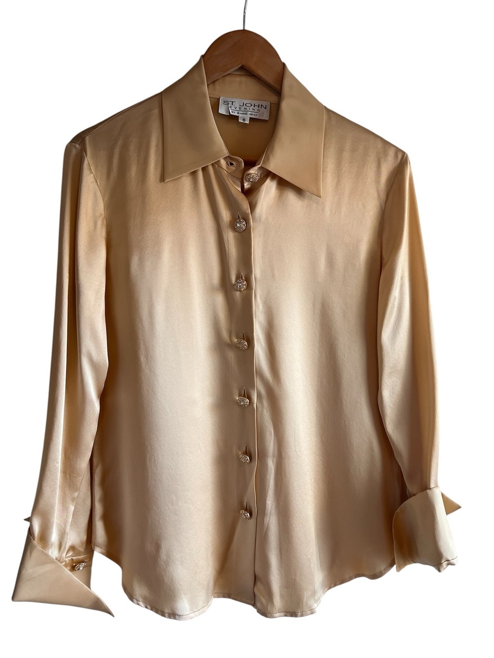 St. John silk champagne gold jewelled button long sleeve top excellent condition